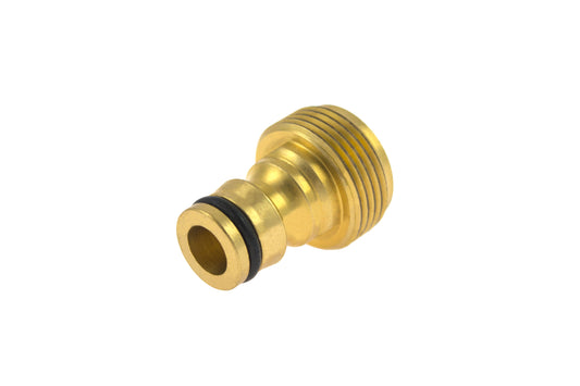 Brass fitting with black washer on a white background