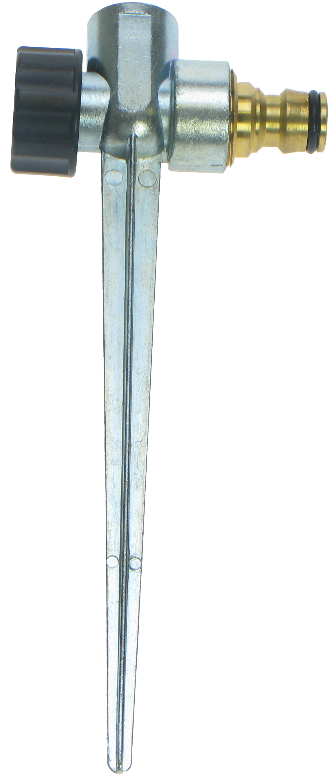 Metal valve with a long stem on a white background