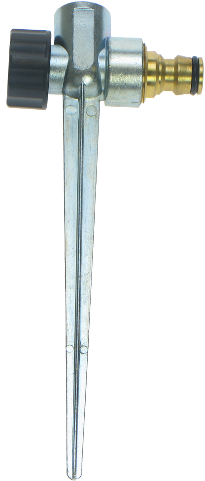 Metal valve with a long stem on a white background