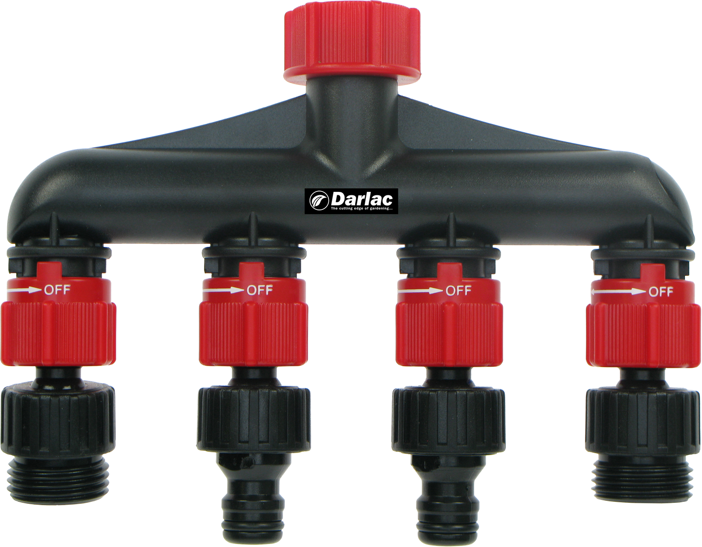 Black and red garden valve manifold with Darlac branding on a white background