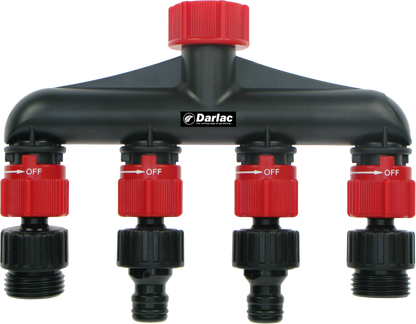 Black and red garden valve manifold with Darlac branding on a white background