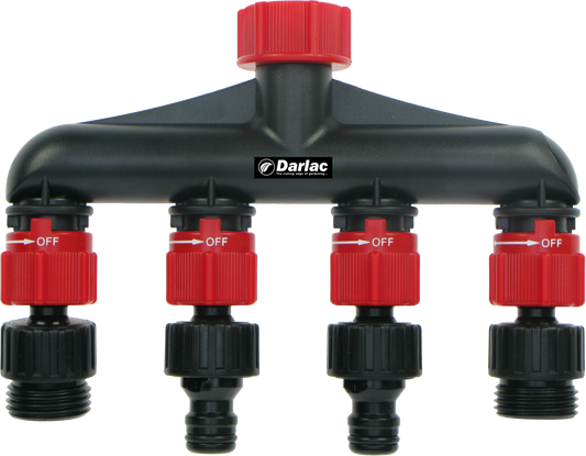Black and red garden valve manifold with Darlac branding on a white background