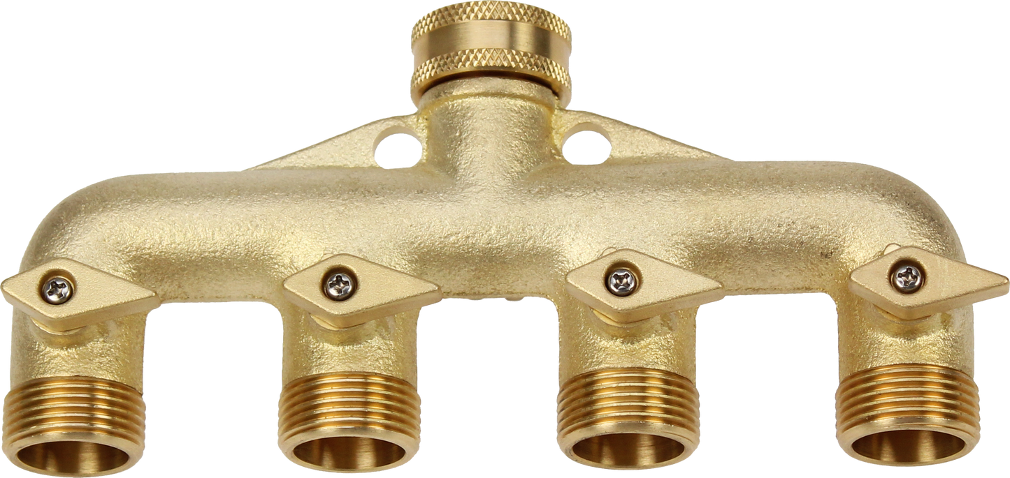 Brass plumbing manifold with four outlets on a white background