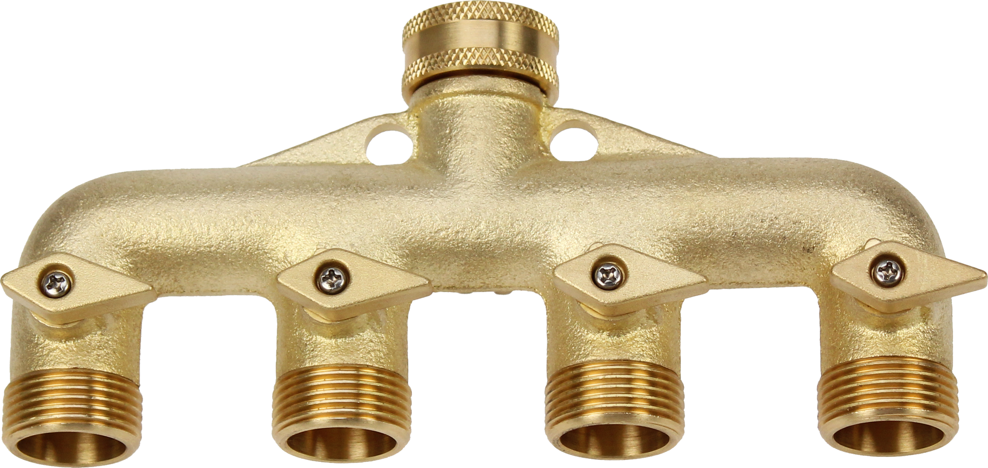 Brass plumbing manifold with four outlets on a white background
