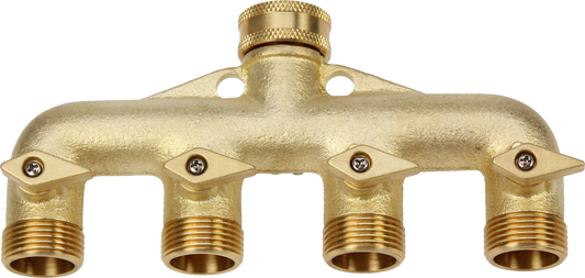 Brass plumbing manifold with four outlets on a white background