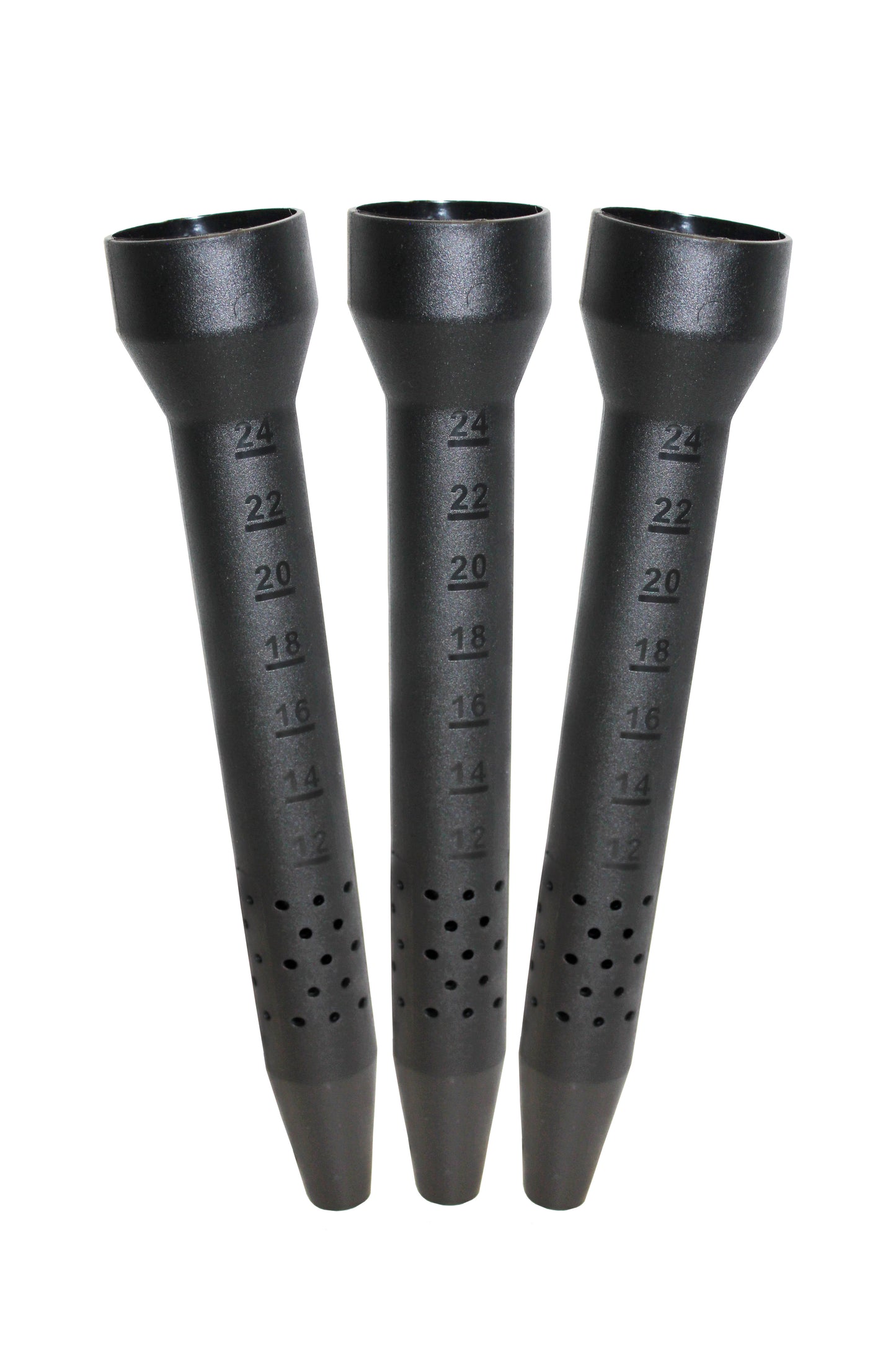 Three black watering funnels with measurement markings on a white background