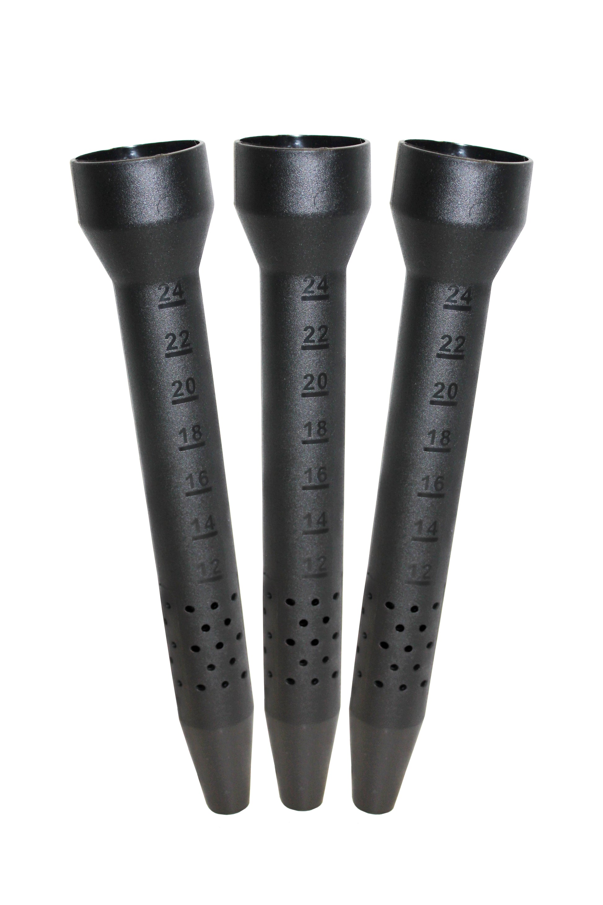 Three black watering funnels with measurement markings on a white background