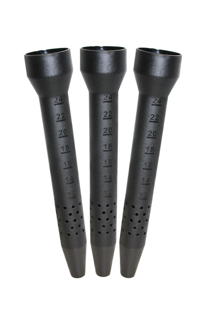 Three black watering funnels with measurement markings on a white background