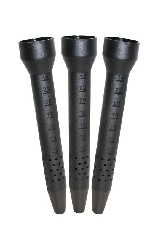 Three black watering funnels with measurement markings on a white background