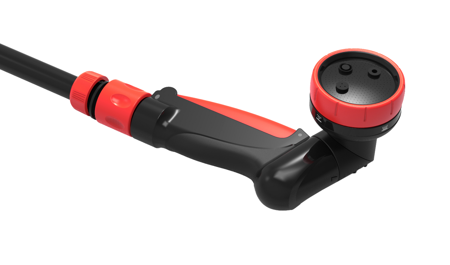 Black and red hose spray gun on a white background