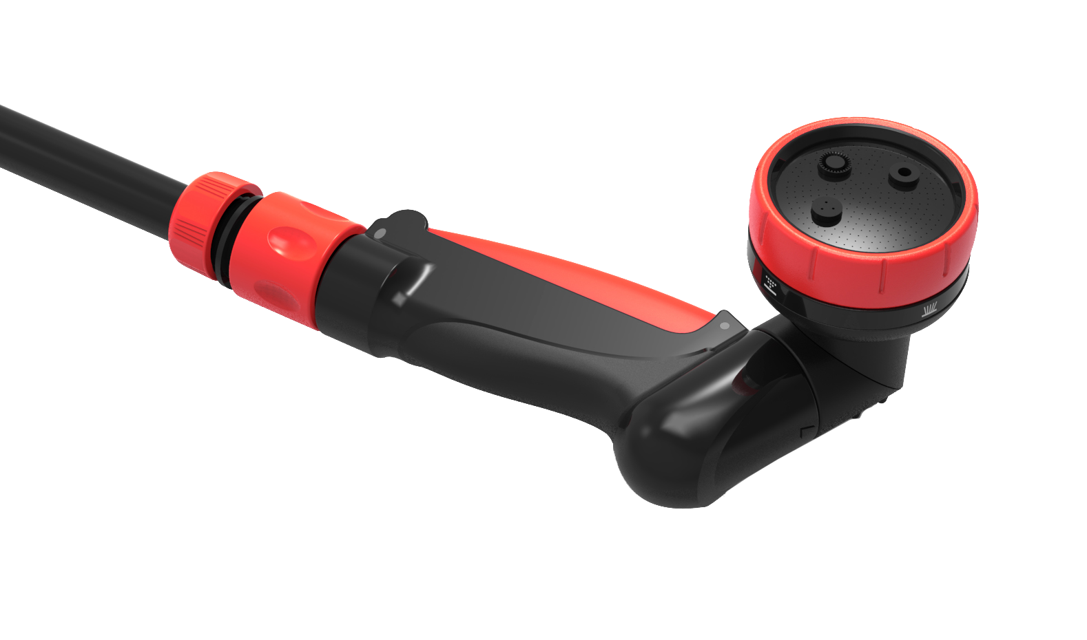 Black and red hose spray gun on a white background