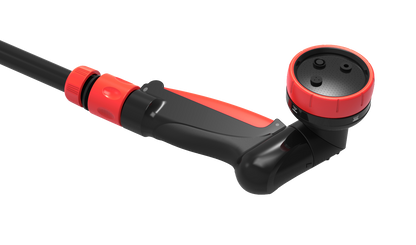 Black and red hose spray gun on a white background