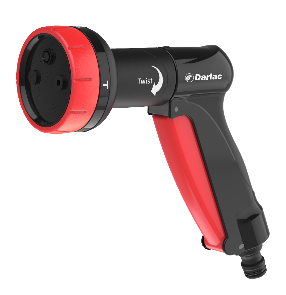 Red and black garden hose nozzle with 'Darlac' branding on a white background