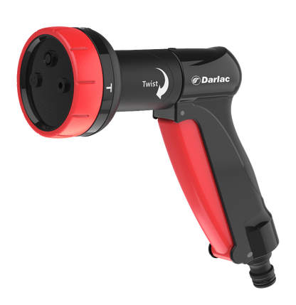Red and black garden hose nozzle with 'Darlac' branding on a white background