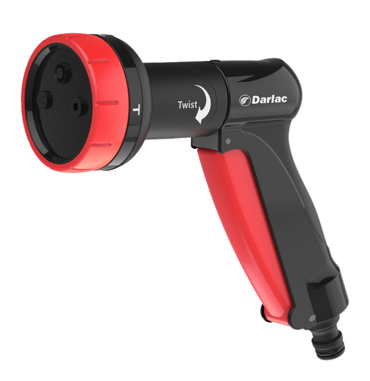 Red and black garden hose nozzle with 'Darlac' branding on a white background