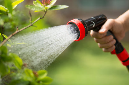 Person watering plants with a red and black garden hose.