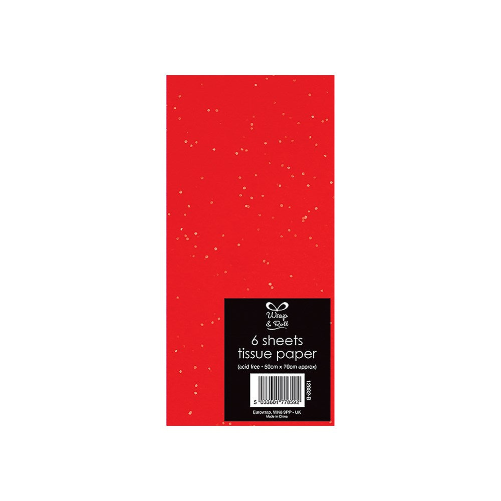 Red tissue paper pack with white specks on a white background