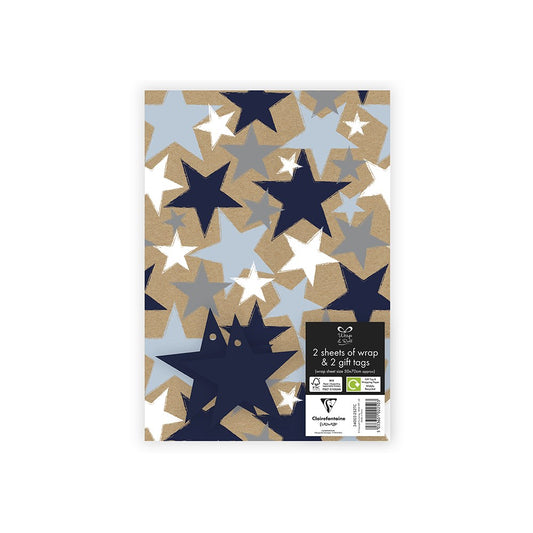Packaging of star-patterned paper with gift tags on a white background