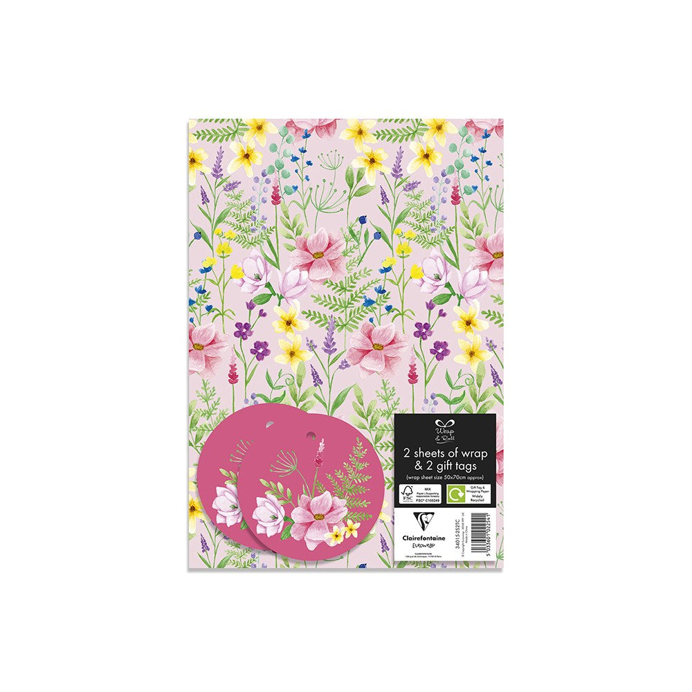 Floral wrap and gift tag set packaging on a white background