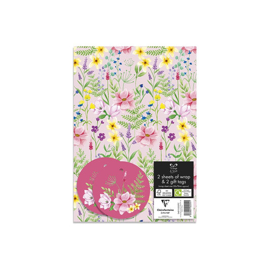 Floral wrap and gift tag set packaging on a white background