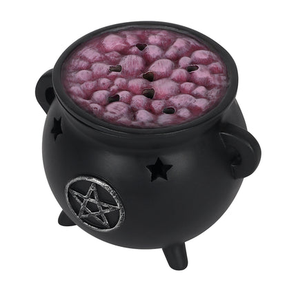 Black cauldron with purple incense and pentagram design on a white background