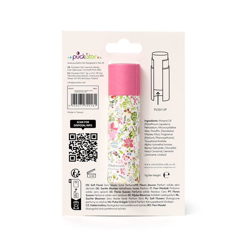 Floral-patterned lip balm with packaging displaying branding and product details.