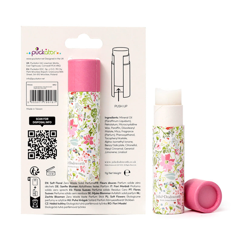 Floral-patterned perfume bottle with pink cap on a white background