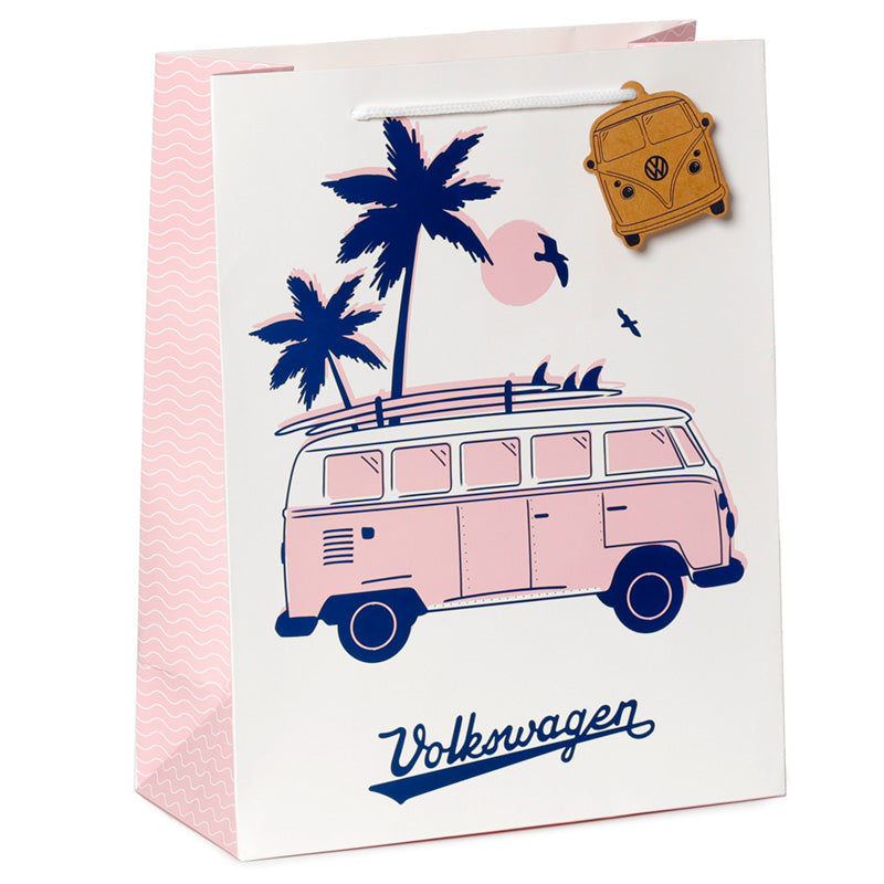 Gift bag with Volkswagen van design, palm trees, and surfboards on a white background