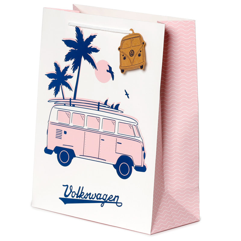 Gift bag with Volkswagen van illustration and palm trees on a white background