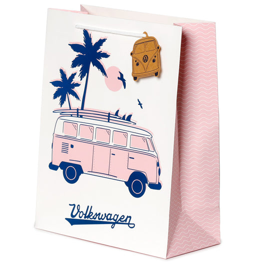 Gift bag with Volkswagen van illustration and palm trees on a white background