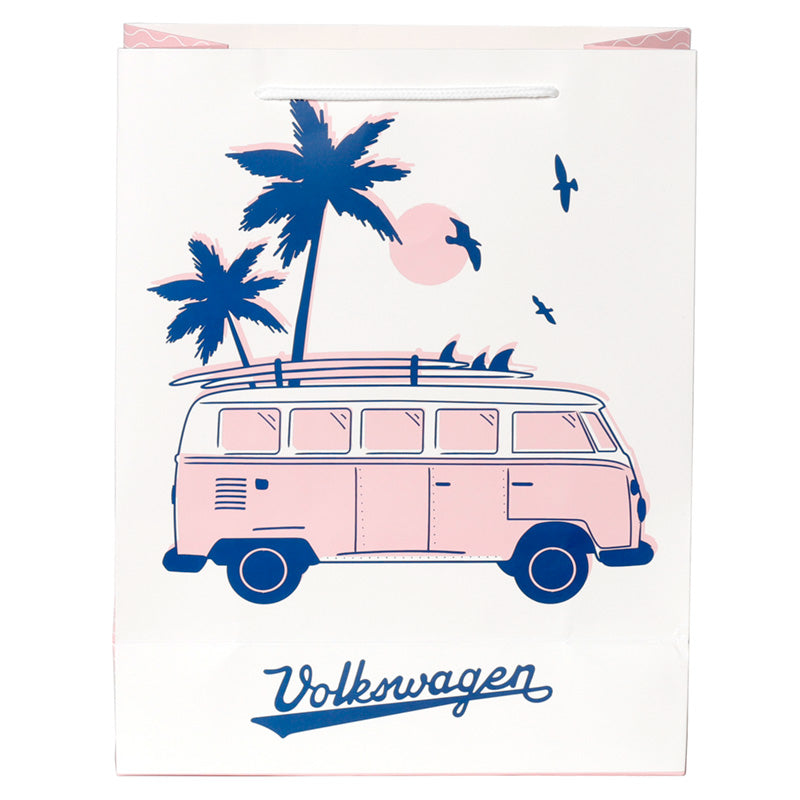 Pink Volkswagen van with blue palm trees and birds on a white background