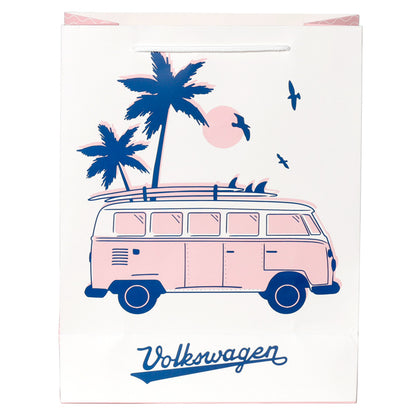 Pink Volkswagen van with blue palm trees and birds on a white background