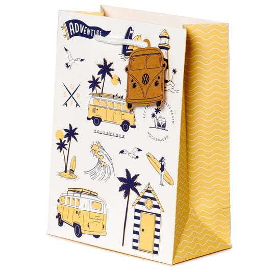 Gift bag with Volkswagen camper van design and 'Adventure' text on a white background