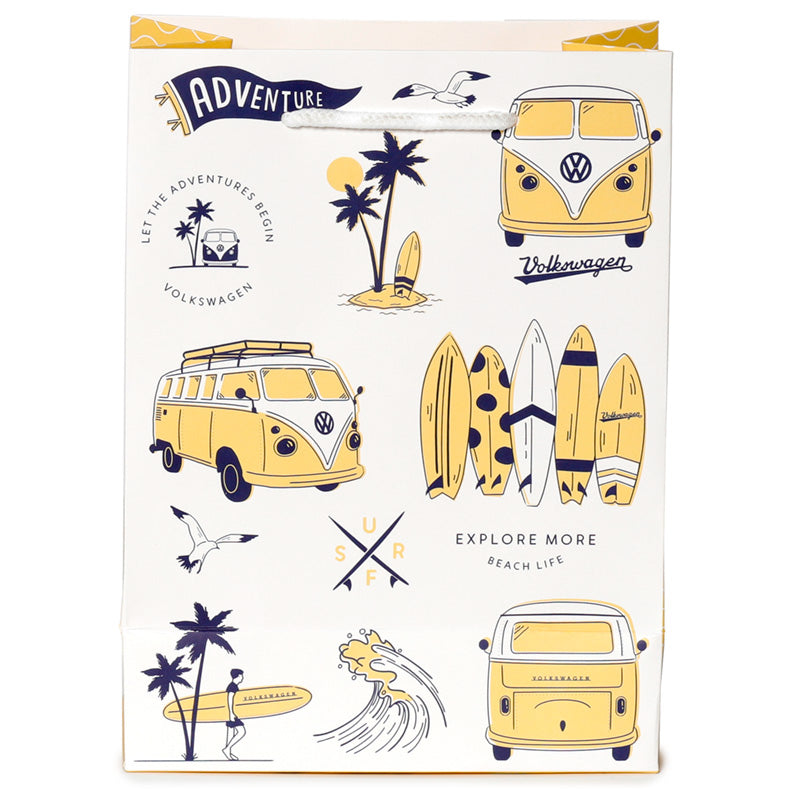 Packaging of Volkswagen camper vans and beach-themed illustrations on a white background