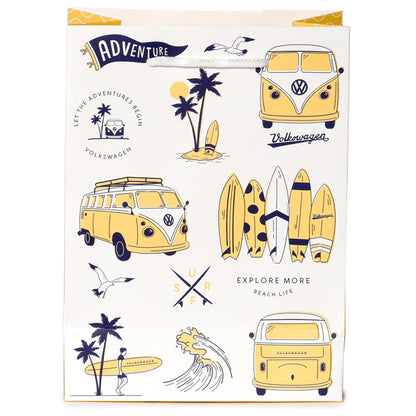 Packaging of Volkswagen camper vans and beach-themed illustrations on a white background