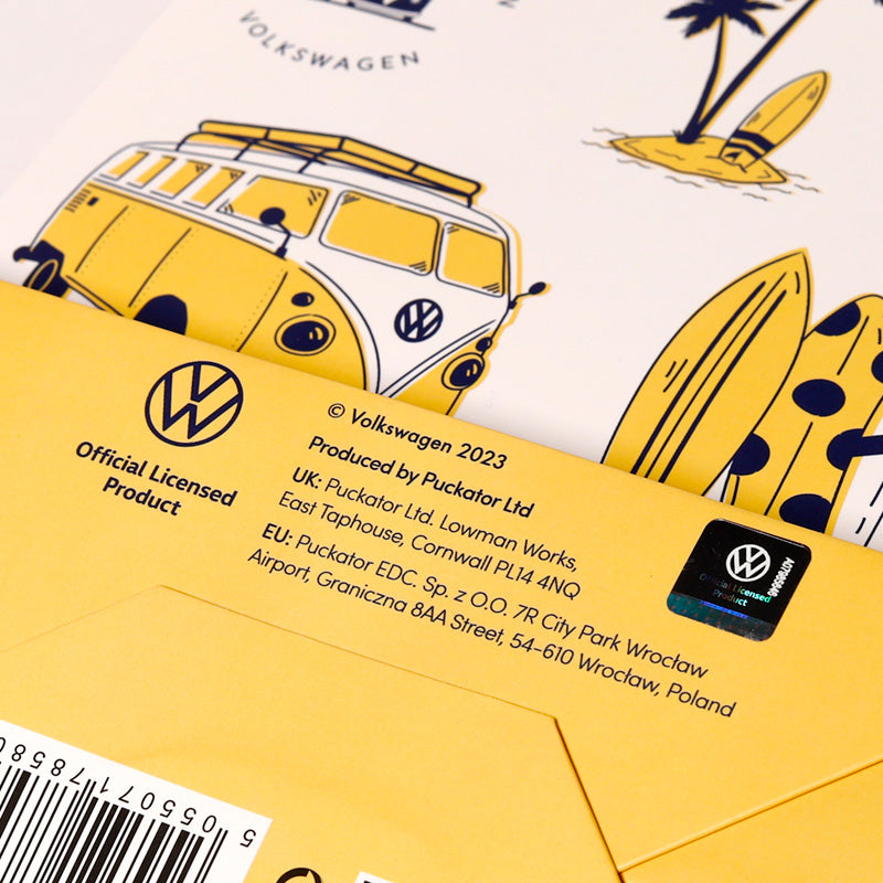 Volkswagen branded product packaging with a yellow van illustration and branding details.