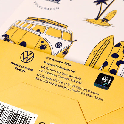 Volkswagen branded product packaging with a yellow van illustration and branding details.