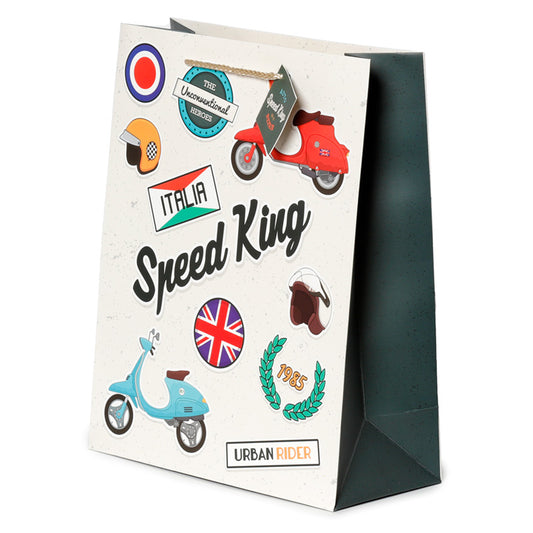 Greeting card with 'Speed King' text and scooter-themed stickers on a white background