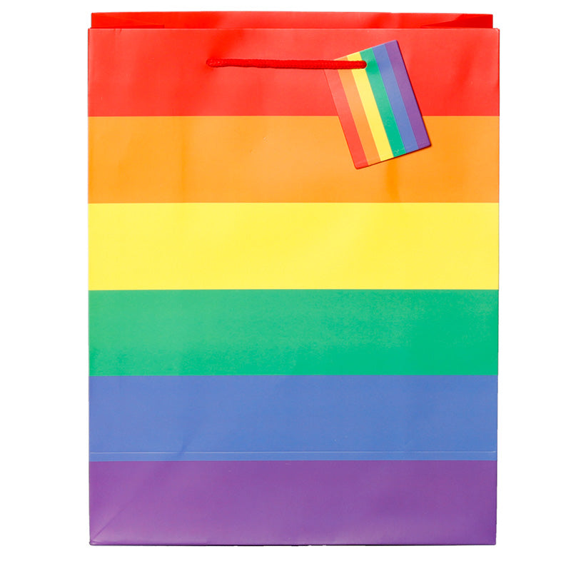Colourful rainbow-patterned gift bag with a tag on a white background