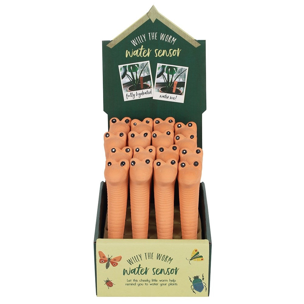 Display of 'Willy the Worm' water sensors in packaging with branding and product images.