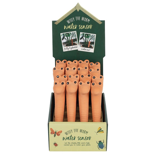 Display of 'Willy the Worm' water sensors in packaging with branding and product images.