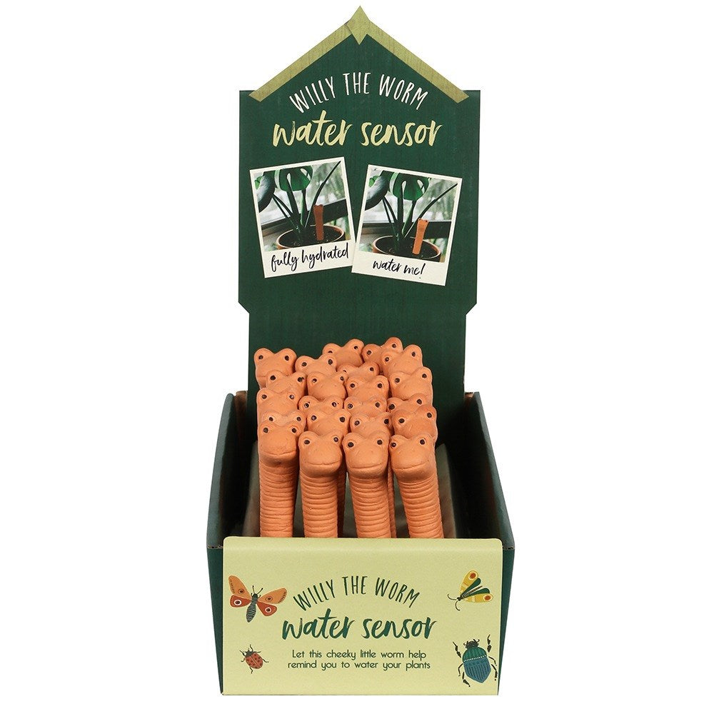 Display of 'Willy the Worm' water sensors with packaging on a white background