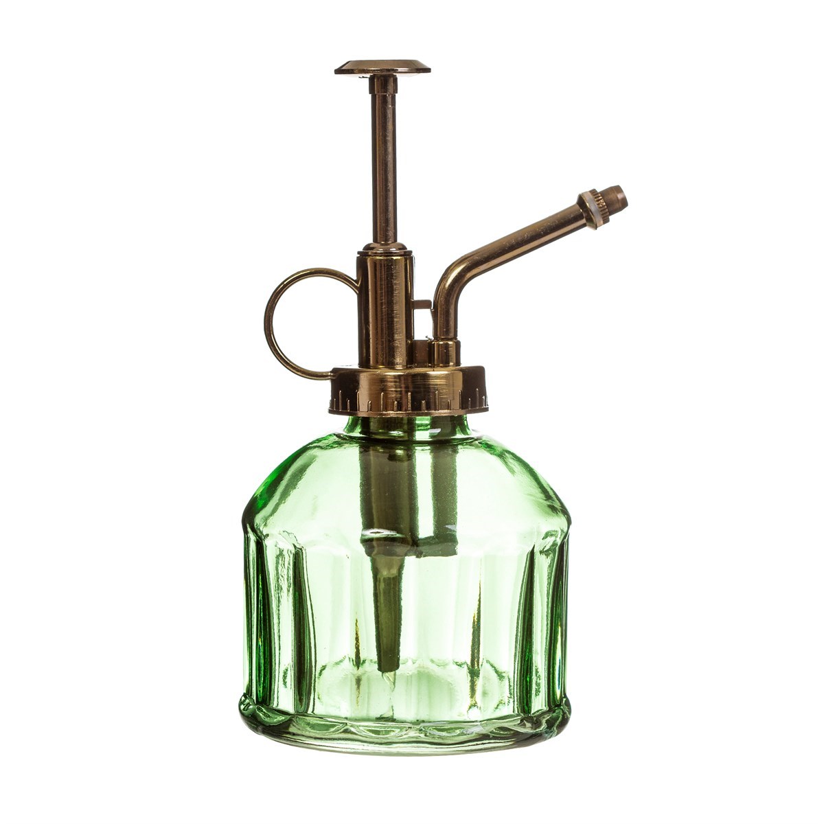 Green glass bottle with brass nozzle on a white background