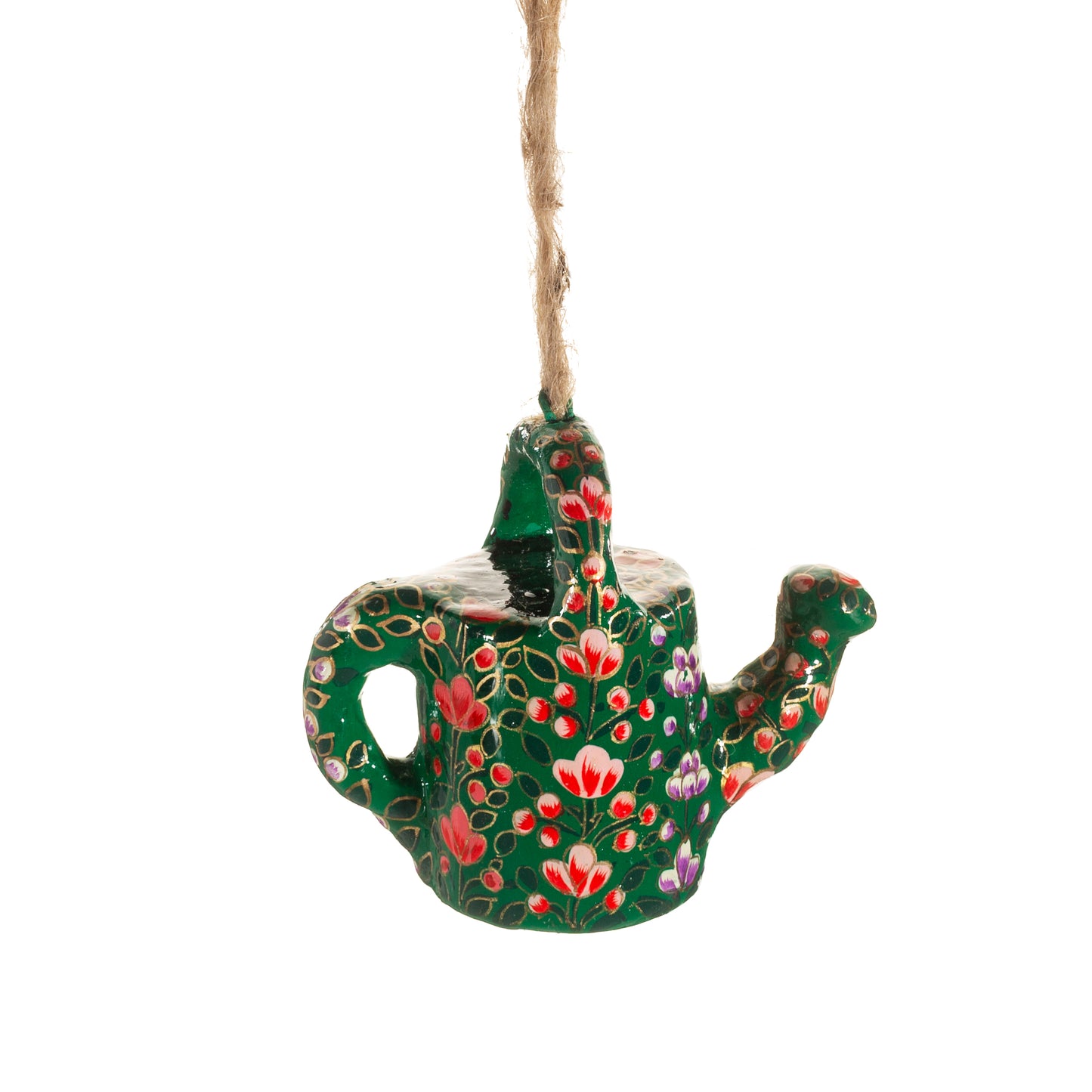 Decorative teapot ornament with floral patterns on a white background
