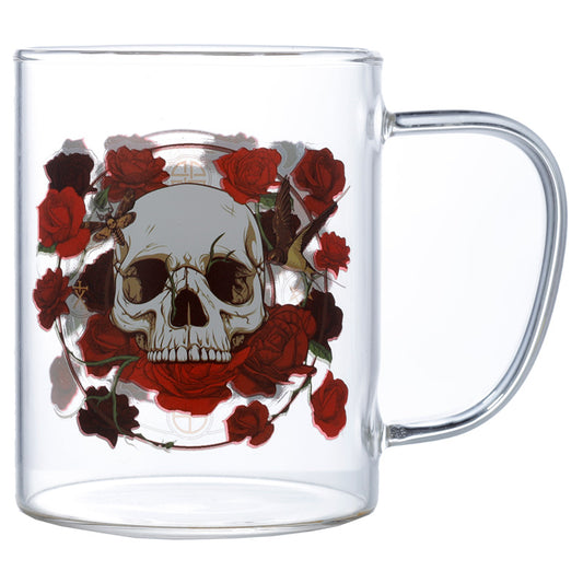 Clear glass mug with a skull and red roses design on a white background