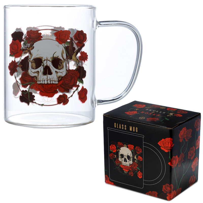 Clear glass mug with skull and red roses design, accompanied by its packaging box.