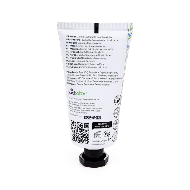 Hand cream packaging with label and QR code on a white background