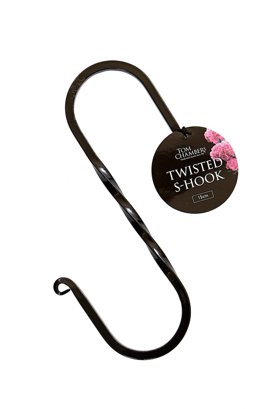 Black twisted S-hook with a label on a white background