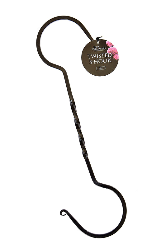 Black S-hook with a label on a white background