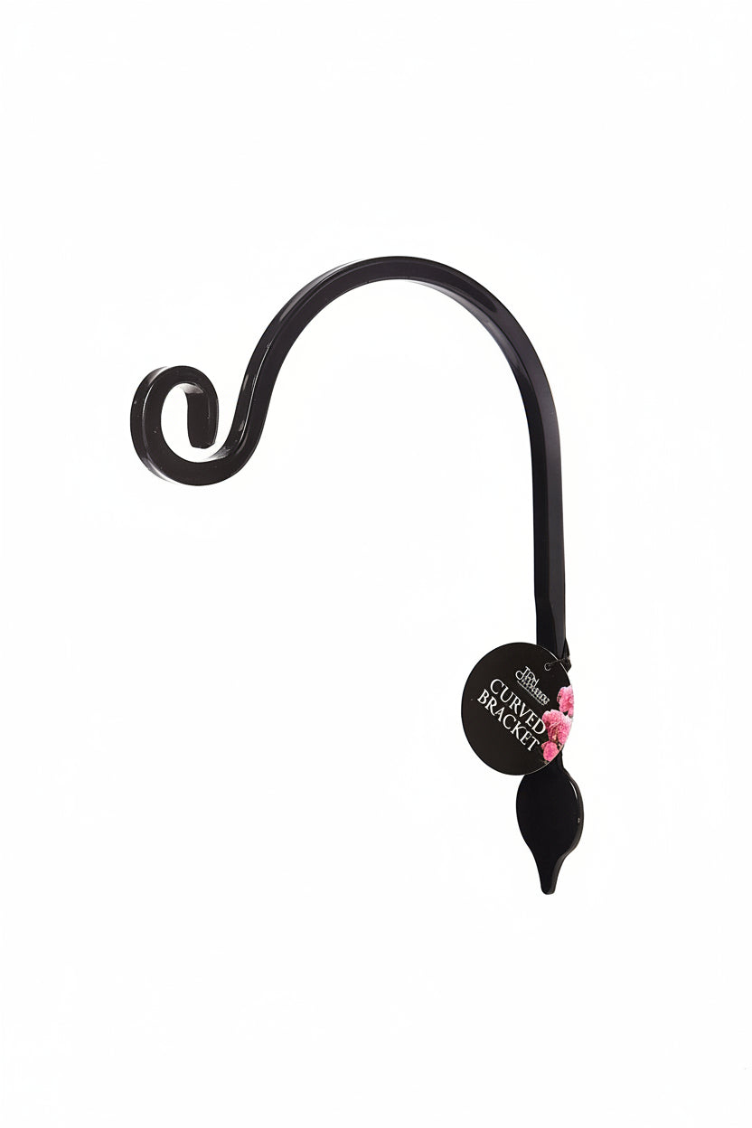 Black decorative hook with a floral design on a white background